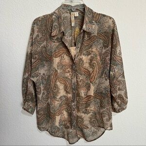 Adiva 2 Piece Set Sheer Printed Button Front Blouse & Beige Camisole New Medium